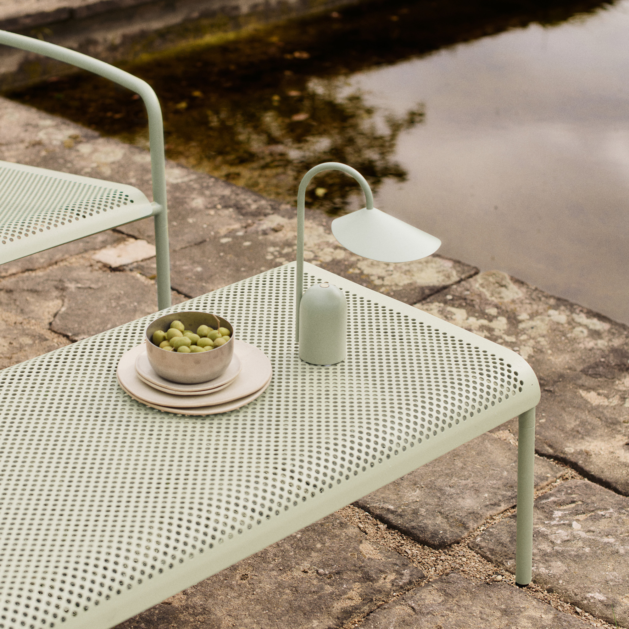 FermLiving_AW25_DappleLowTable_114x57_TeaGreen_1104271800_ArumPortableLamp_TeaGreen_1104271023_TumbledBowl_StainlessSteel_1104268741